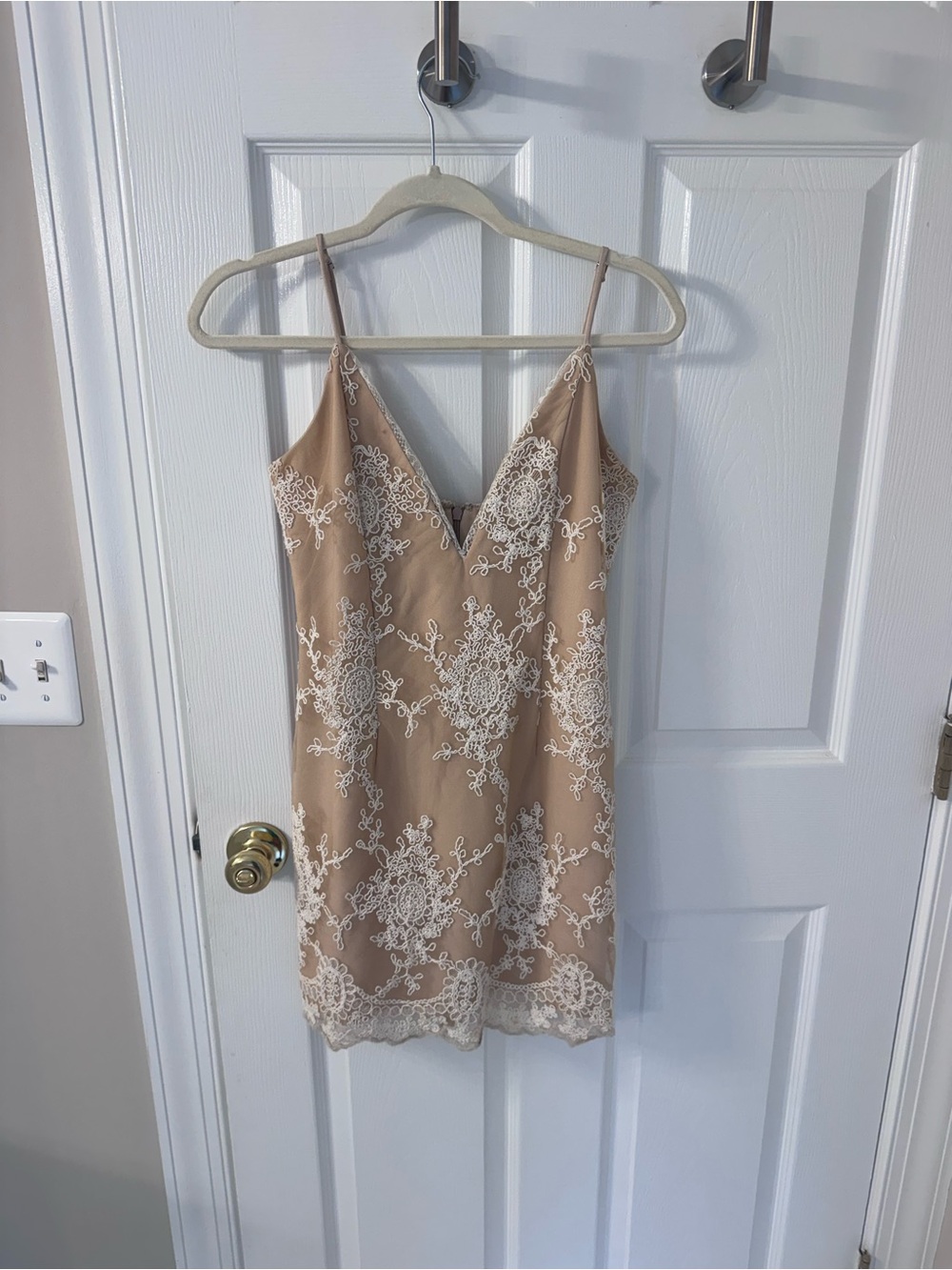 NBD Beige Slip Dress with White Lace Embroidery